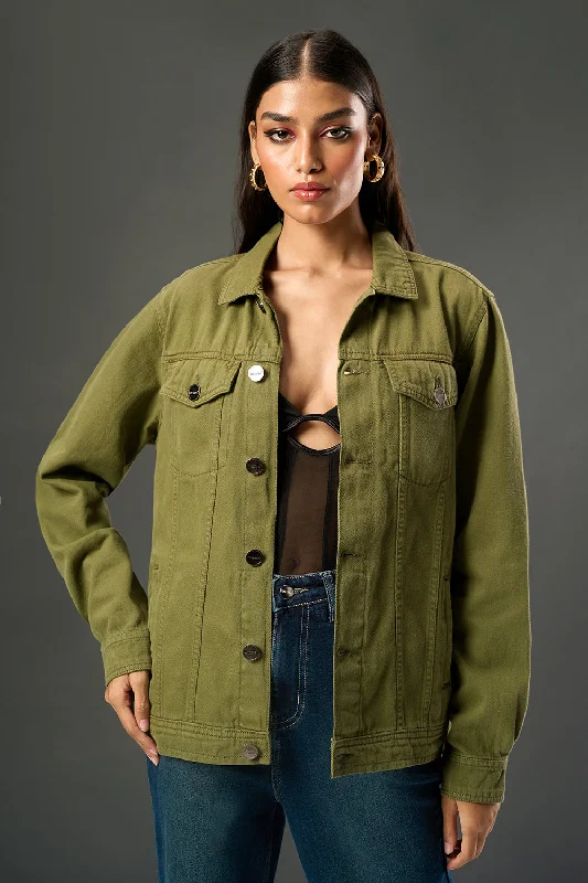 Women's Clothes And Garments Olive Revive Denim Trucker Jacket