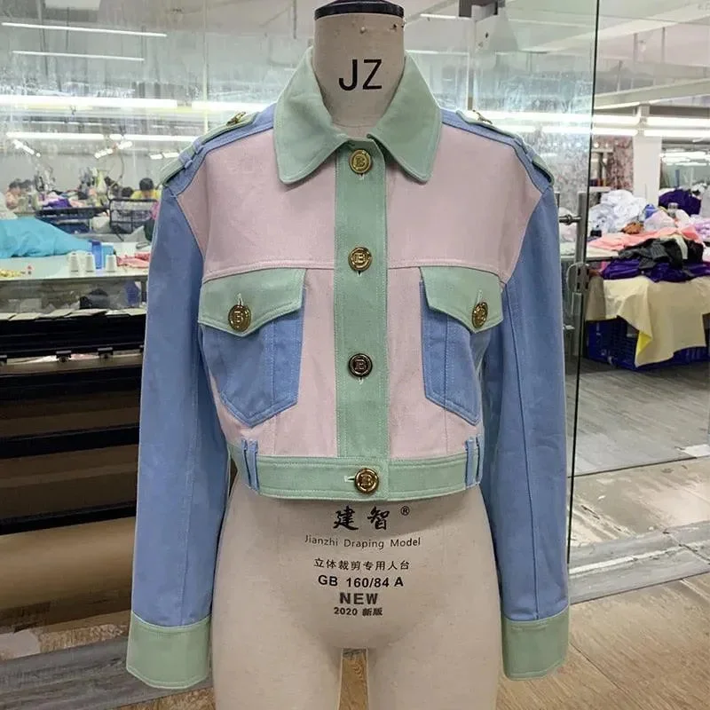 Women's High-Fashion Apparel Patchwork Crop Denim Jacket