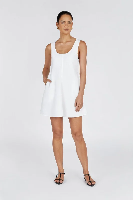 Women's Weekend Outfit MONICA WHITE LINEN SCOOP MINI DRESS