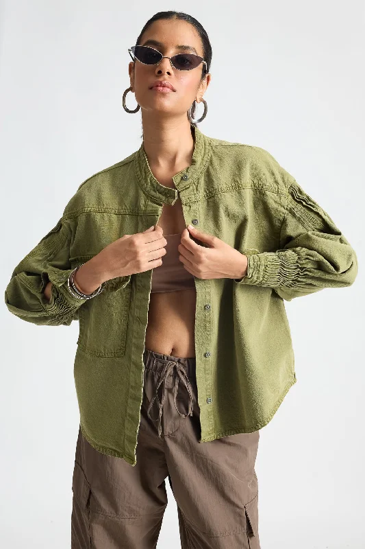 Women's Chic Outfit Olive Green Shacket With Pleats