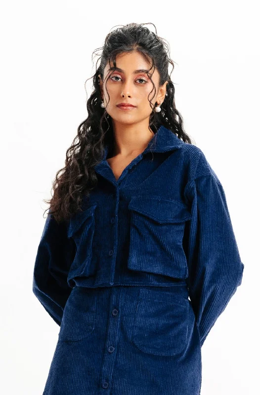 Women's Everyday Garments Blue Corduroy Front Pocket Jacket