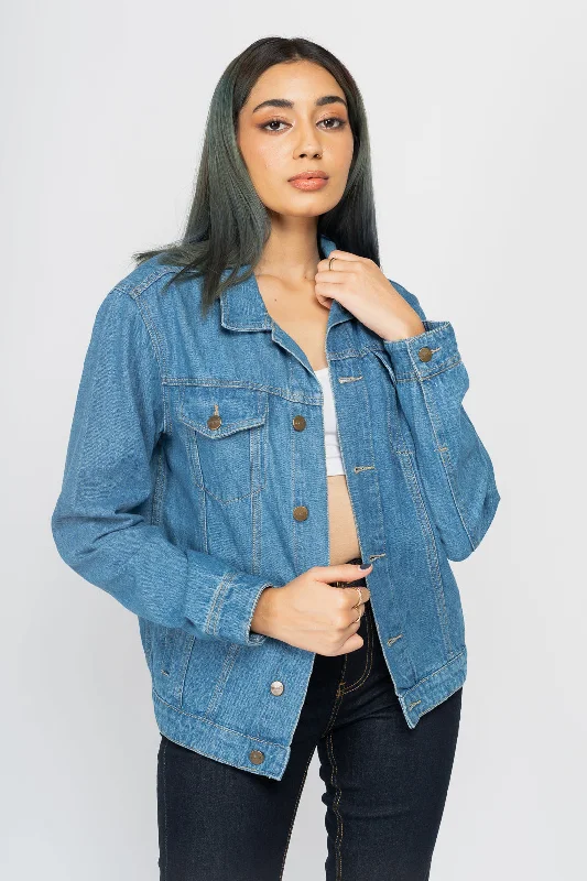 Comfortable Women's Clothing Mid-Blue Denim Trucker Jacket