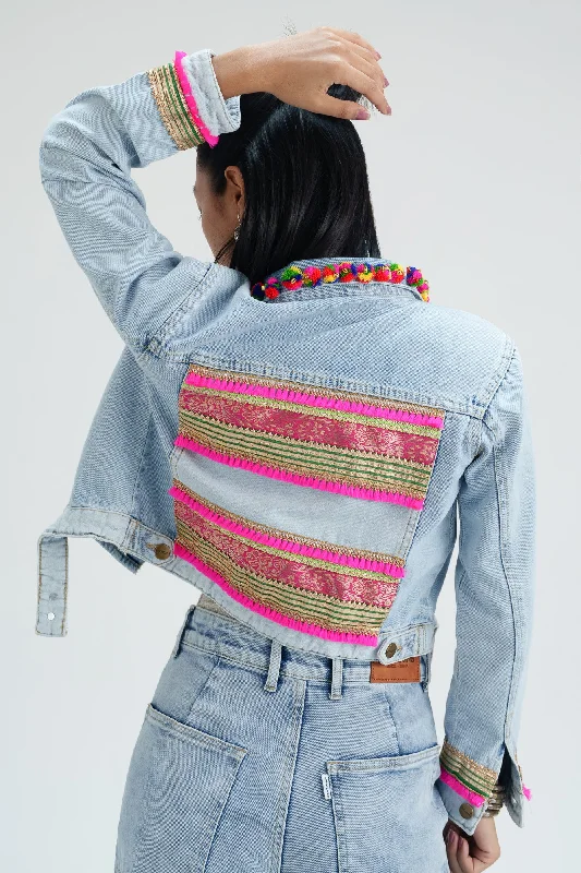 Modern Women's Outfit Patola Crop Denim Jacket