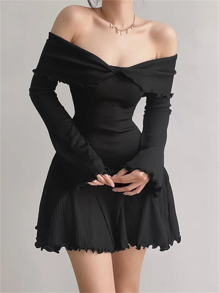 Women's Comfortable Garments Long Flare Sleeve Ribbed Slash Neck Mini Dresses