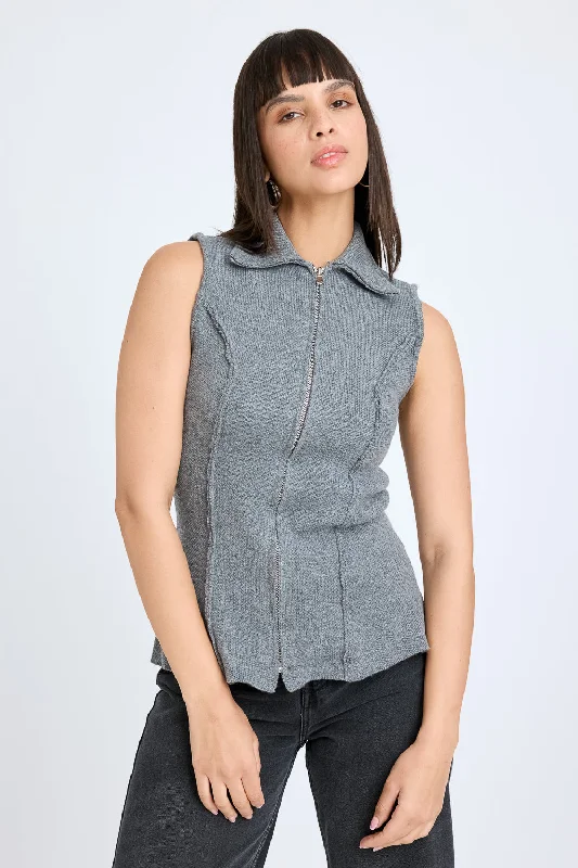 Women's Evening Apparel Grey Sleeveless Collared Jacket