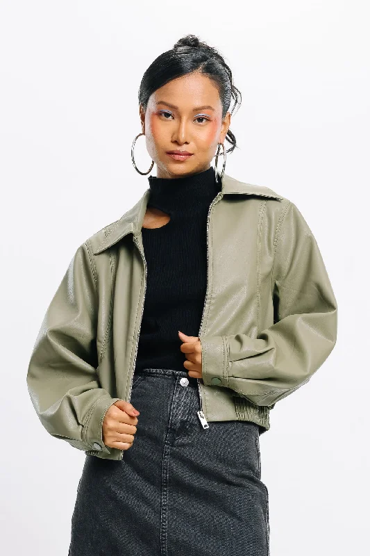 Women's Chic Outfit Matcha Addict Leather Jacket