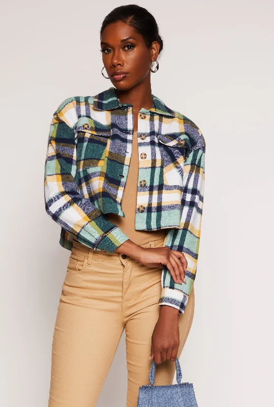 Women's Resort Garments Brush Knit Plaid Cropped Shacket