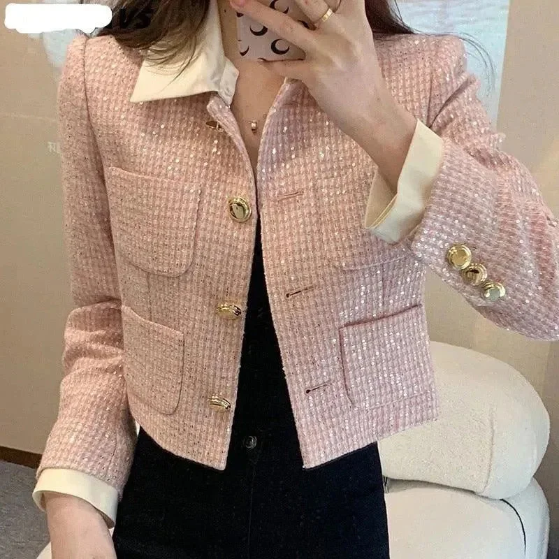 Charming Women's Holiday Apparel Patchwork Crop Tweed Jacket Women