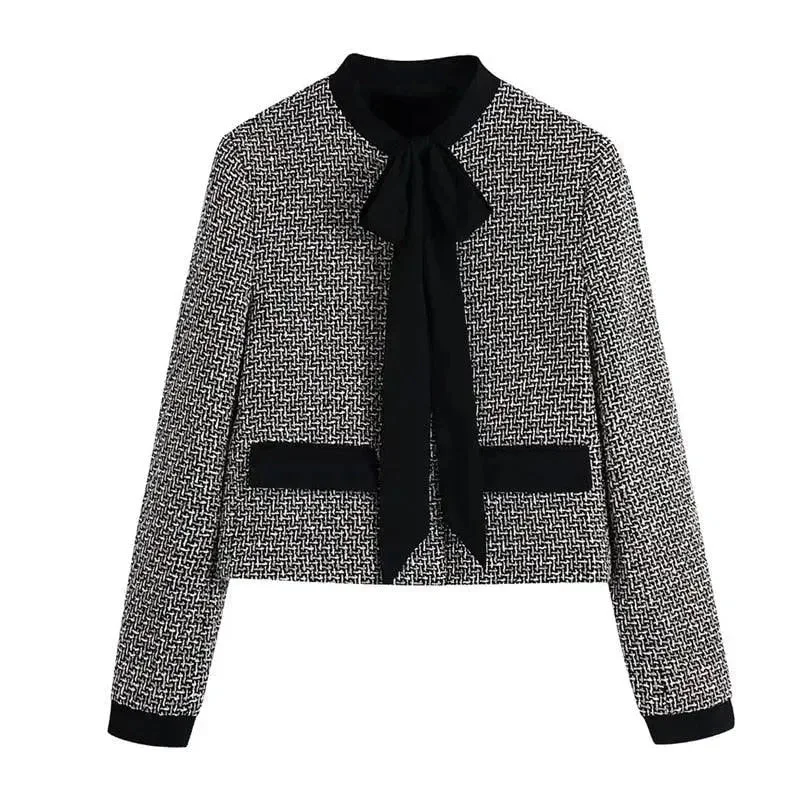 Women's Sports Apparel Elegant Bow Tied Women Tweed Jacket