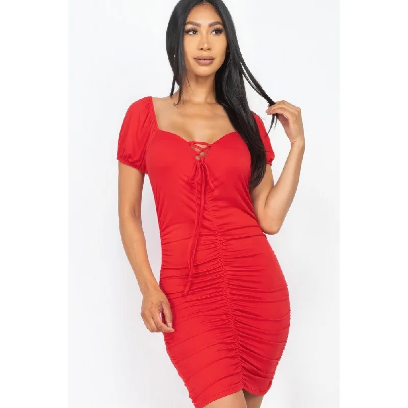 Women's Work Outfit For The Office Front Lace Up Lightweight Ruched Mini Dress Perfect for Day-to-Night Wear