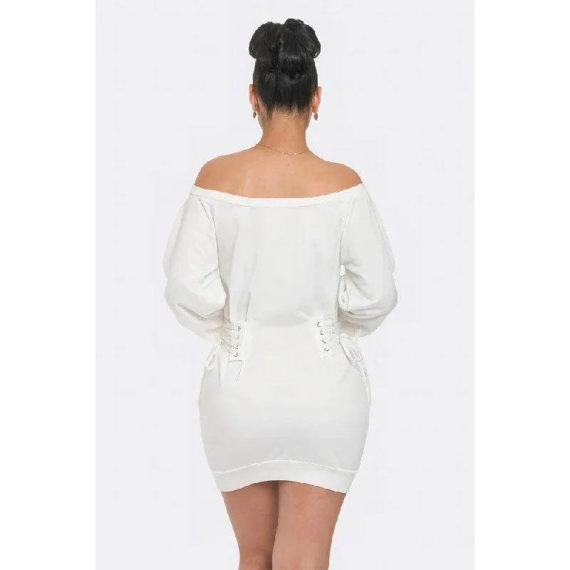 Women's Outfit For The Office Off Shoulder Puff Sleeves Side Lace Up Detail Mini Dress