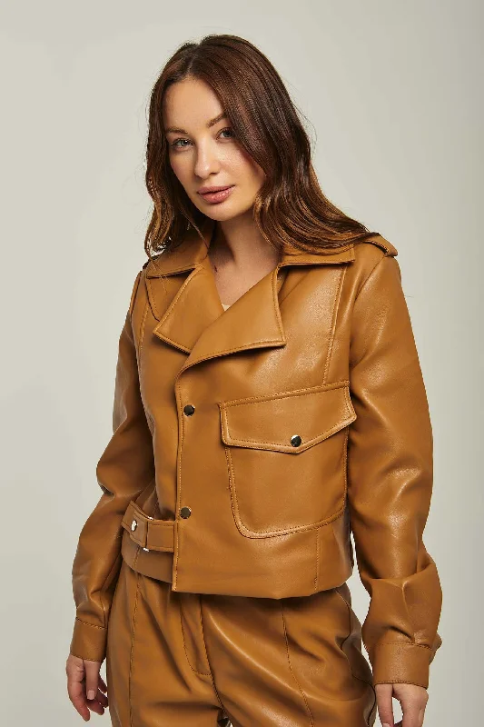 Women's Trendy Garments Women Jacket Leather Biker Camel