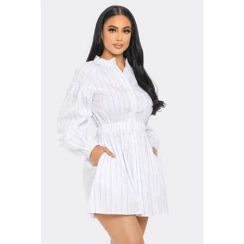 Women's Layered Outfit White Striped Mini Dress with Long Sleeves and Playful Dolphin Hem